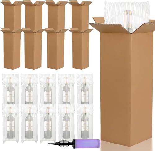 25 juegos de cajas de envío de vino, 13 x 13 x 38 cm, cajas de cartón individuales para botellas de vino, bolsas protectoras y bomba, para envío, viajes, mudanzas, seguridad de botellas de vidrio