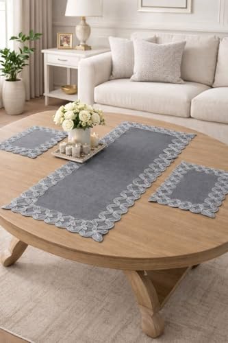 Corredocasa Tris Centrini in Macramè Lavorazione Artigianale Elegante con Runner Due Centrini Alta Qualità Design Esclusivo Made in Italy Ideale Casa Soggiorno Sala Pranzo Camera da Letto(Grigio)