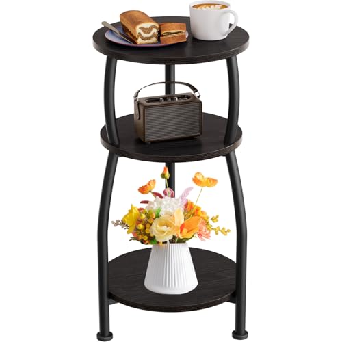 Yuede Small Round Side Table, 3-Tier End Table with Storage Shelf, Slim Sofa Table Coffee Table, Sturdy & Easy Assemble Nightstand for Small Spaces, Living Room Bedroom Corner, Black