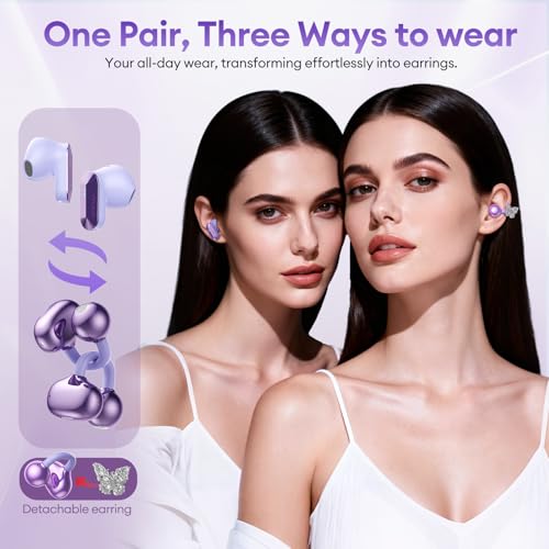 Image of PAXA 3 in 1 Ctbuds Stylish Jewelry-Style Clip on Open Ear Headphones Wireless Earbuds, Instant Earring Mode, Ultra-Long 140H Play, Bluetooth 6.0, All-Day Wear for Work Fitness Daily Use, Purple