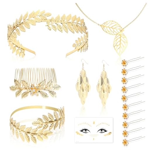 DPKOW Accesorios de Disfraz de Diosa Griega para Mujer, Conjunto de Joyas de Diosa Griega, Diadema, Peine, Clip para el Pelo, Collar de Laurel Romano, Pendientes, Pulsera, Tatuaje Facial para Mujer