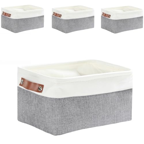 Mangata Juego de 4 cajas de almacenamiento de tela gruesa para dormitorio, armario, estante, calcetines, ropa interior (gris/blanco, M)