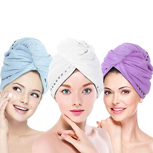 UQXY Microfiber Hair Towel Wrap for Women Girls, 3 Pack Super Absorbent Anti-Frizz Quick Dry Hair Turban Hat Shower Caps for Drying Curly, Long & Thick Hair