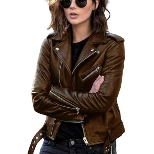 Veste moto femme marron en simili cuir slim fit taille XXXXL