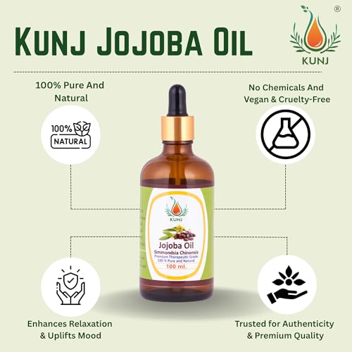 Image of KUNJ Jojoba Oil (Simmondsia chinensis) 100ML - 100% Pure & Natural, Cold Pressed, Undiluted - Therapeutic Grade Carrier Oil for Skin Care, Hair Nourishment & Hydration