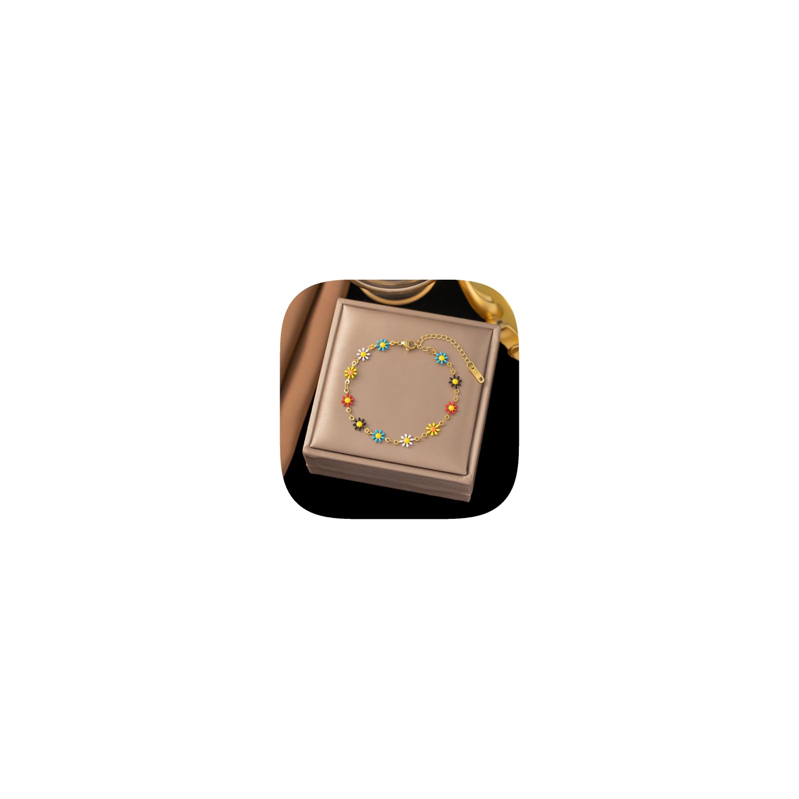 XiahiumChain Bracelet for Women Colorful Gold Plated Daisy Bracelet, Dainty Bracelets with Adjustable Chain, Cute Bracelet Gold Jewelry Gift for Her