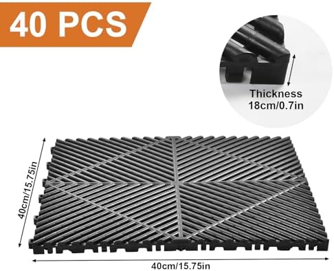40 Pack Interlocking Drainage Tiles - 15.7"x15.7" Non-Slip Modular Floor Mats with Drain Holes - Self-Draining for Garage, Patio, Deck, Shower, Kitchen & Pool - 69 Sq/Ft Gray