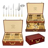 Faqueiro 84 Pçs Talheres Banhados A Ouro Maleta Madeira-Luxo Prata E Dourado Jogo De Facas