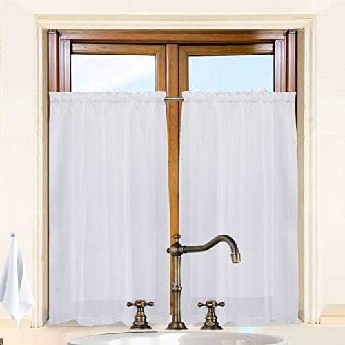 Valea Home Waffle Weave Textured Short Curtains for Bathroom Half Window Striped Tier Curtains for Kitchen Water Repellent Shower Window Covering, 36x 45 inches, White, Set of 2