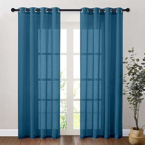 Image of Amazon Basics - Linen Textured Sheer Door Curtains | Light Filtering | 5 Feet | Set of 2 | Plain Design | for Living Room, Bedroom & Balcony | 150cm x 115cm, Color - Navy Blue