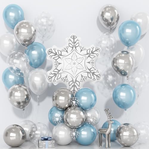 Blue and White Snowflake Balloons, Light Blue and Silver White Latex Balloon with Snowflake Helium Foil Winter Wonderland Balloons Kit for Christmas New Year Baby Shower Xmas Party Decorations
