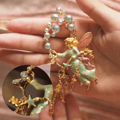 Image of Ouliget Retro Enamel Angel Brooch,Heavy Craft Medieval Bubble Fairy Crystal Badge, Fringed Corsage Pin Jewelry for Elegant Women Girl