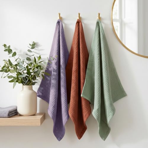 Image of Mush Bamboo Dual Texture Waffle Terry Hand Towel Set of 3 | Ultra Soft, Highly Absorbent, Quick Dry | Hand Towels for Bathroom, Gym & Travel (40x60 cm, 450 GSM) Green, Orange & Grey