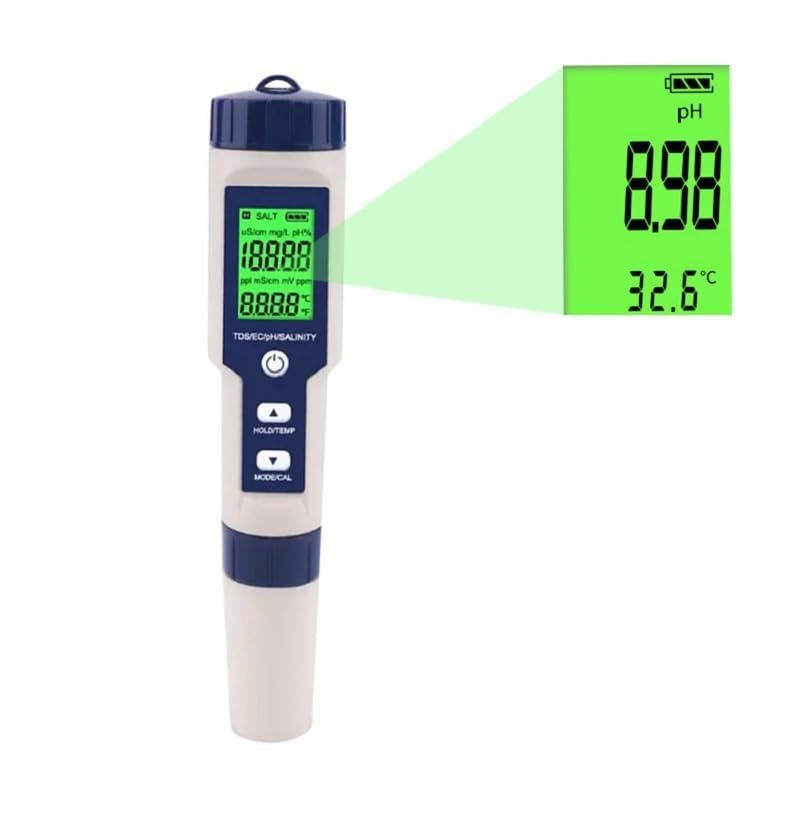 EZ-9909 5 in 1 TDS/EC/PH/Salinity/Temperature Meter Digital Water Quality Monitor Tester for Pools, Drinking Water