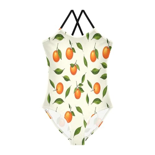 One Piece Swimsuit Toddler, Summer Beach Swimsuit Girls 3-10 Y, Oranges Green Leaves Cream