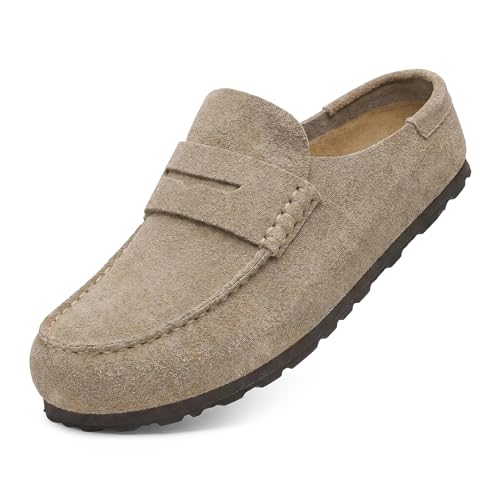 Procity Como Cocooned Unisex Geschlossene Pantoletten aus Echtleder | Atmungsaktiv & rutschfest | Kork-Fußbett & Eva-Sohle | Clogs & Freizeitschuhe für Damen und Herren Como Khaki 40
