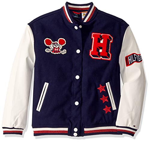 Tommy Hilfiger Girls Boys' Adaptive Varsity Jacket with Magnetic Buttons, Evening Blue- PT/Multi