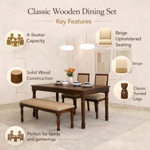 Image of Solid Sheesham Wood Dining Table Set, 4 Seater, with 2 Chairs and 1 Bench, Honey Finish, for Dining Room and Hotel
