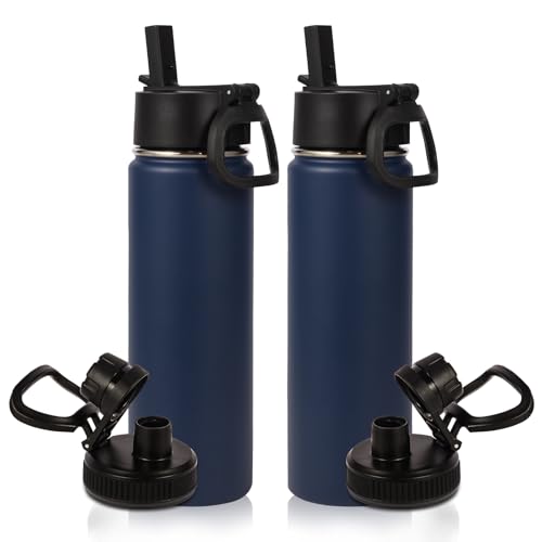 Volhoply 20oz Insulated Stainless Steel Water Bottle with Straw Lid Bulk 2 Pack,Kids Double Wall Vacuum Cups with Handle,Reusable Outdoor Sports Metal Bottles,Travel Flask Keep Cold&Hot(Navy,2)
