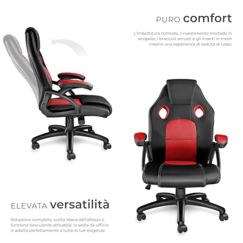 ® Sedia da Ufficio Ergonomica, Sedia Scrivania con Rotazione 360°, Imbottitura Confortevole, Rivestimento Similpelle, Poltrona Gaming con Altezza Regolabile, 5 Rotelle Doppie - Nero/Rosso - Sedia gaming - Immagine 4