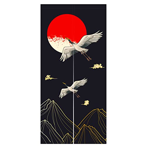 LIGICKY Noren Doorway Curtain Japanese Style Thickened Cranes Waves Gold Full Moon Printed Cotton Linen Window Treatment Door Tapestry for Home Decoration 85 x 180 cm