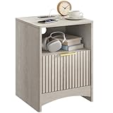 Marsail Wooden Nightstand with Charging Station, Fluted Bedside Table, USB/AC Ports & A Wide Drawer with Metal Handle, Elegant Design for Bedroom, Gray