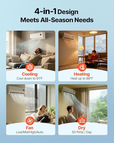 Image of VEVOR Mini Split Air Conditioner, 12,000 BTU AC / 12,500 BTU Heat, 115V 19 SEER2 High Efficiency Energy Saving, Quiet Inverter System for 750 Sq.Ft Coverage Area, Easy to Maintain, for Home, Office