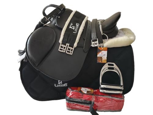 Lussoro Leather English/Jumping Horse Riding Saddle Starter Kit Saddle Combo Pack Set of 9 Pcs (Black, Size -17)