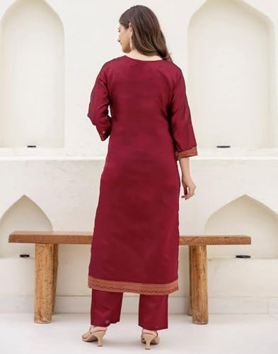 Image of Skylee Women's Silk Blend Woven Straight Kurta with Pant & Dupatta