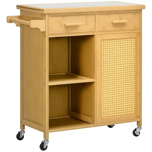 HOMCOM Küchenwagen mit Schublade, Schrank, offenem Ebenen, Servierwagen, Aufbewahrungswagen mit Handtuchhalter, Glastischplatte, Bambus, Natur, 84 x 36 x 85 cm