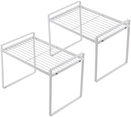 Shantton 2pk Kitchen Cabinet Shelf Counter Organizer Rack Pantry Storage Bathroom Bedroom Office Table Desk Space Saving Steel Frame Stackable Rust Resistant Non Slip White-Tall- L13in W8.3in H9.5in