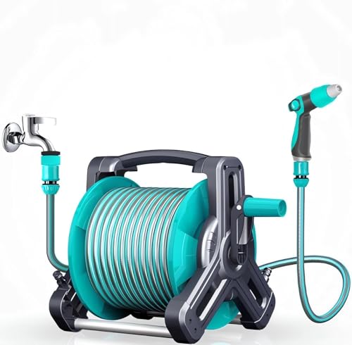 Retractable Hose Reel 30M/100FT Wall Mounted/Portable Garden Hose Reel with High Pressure Water Gun Spray Nozzle Heavy Duty for Garden Watering Car Washing Lawn Care Blue