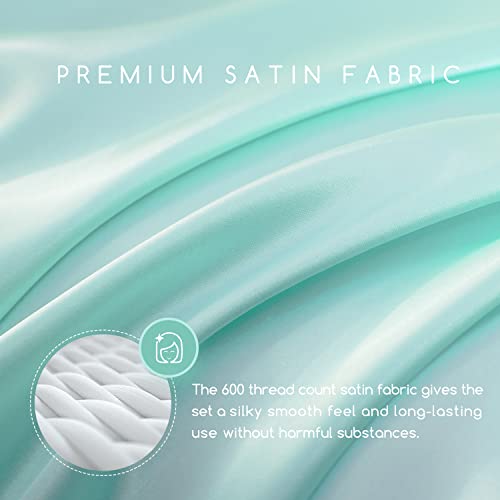 Image of MR&HM Satin Bed Sheets, Queen Size Sheets Set, 4 Pcs Silky Bedding Set with 15 Inches Deep Pocket for Mattress (Queen, Turquoise)