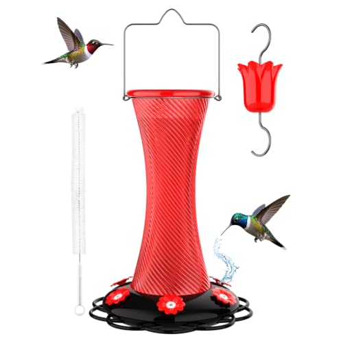 AOFUXTI Hanging 20oz Glass Hummingbird Feeder with Moat, Small Outdoor Plastic Bird Feeder, Squirrel Proof, Ants, Outside Water Dispenser for Garden (Red Glass Birdfeeder)