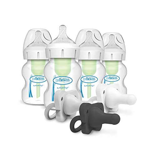 Image of Dr. Brown’s Natural Flow® Anti-Colic Options+™ Wide-Neck Baby Bottle, 5 oz/150 mL, Level 1 Nipple, 4-Pack, 0m+ with HappyPaci 100% Silicone Pacifier 0-6m, BPA Free, Black, Cool Gray, White 3 Pack