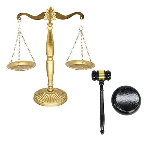 Antique Metal Justice Represent Libra Jewelry Tower/w Wooden Gavel and Block Set, Lawyer Scale of Justice, Judge Sound Block Set, Auction Sale – Golden, 11.1" W x 16.5" H by Owlgift - Image 3