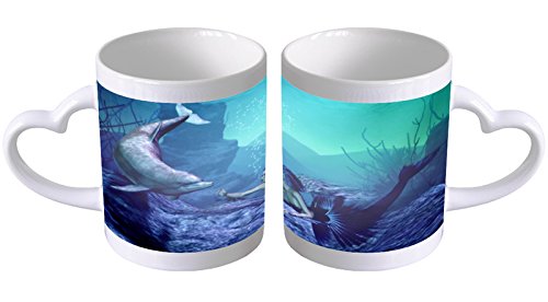 Kaffeetasse mit Herzgriff Kaffeebecher Becher Tasse Mit Fotodruck Fototasse Fantasie Bild Meerjungfrau Delphin Herz Griff