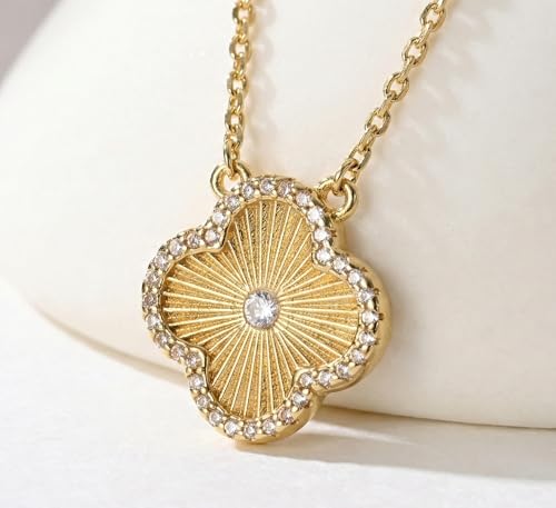 Image of Billet-doux 14k Gold-Plated Clover Necklace for Women, Sparkling Four-Leaf Shiny Clover Pendant with Dazzling Pave CZ Halo, Adjustable Size, Trendy Jewelry Gifts Perfect for Her
