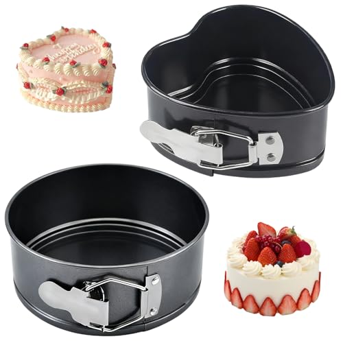 Youery 4 Inch Springform, 2 Stück Springform Rund Kleine Kuchenform Nicht-Stick Backform Herz Abnehmbar Herzbackform Tortenform mit Flachboden für Kuchen Backen Pizza