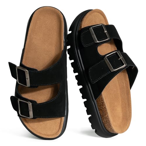 Hofeny Platform Sandals for Women – Genuine Leather Chunky Wedge Slides with Cork Footbed, Arch Support Comfortable Summer Sandals 2026 Black Size 11