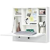 COSTWAY Wall-Mounted Computer Desk, Floating Desk with Storage Drawer & Shelves, Fold-up Desktop & Pneumatic Springs, Ideal for Home, Office, Dormitory, Small Spaces (White)