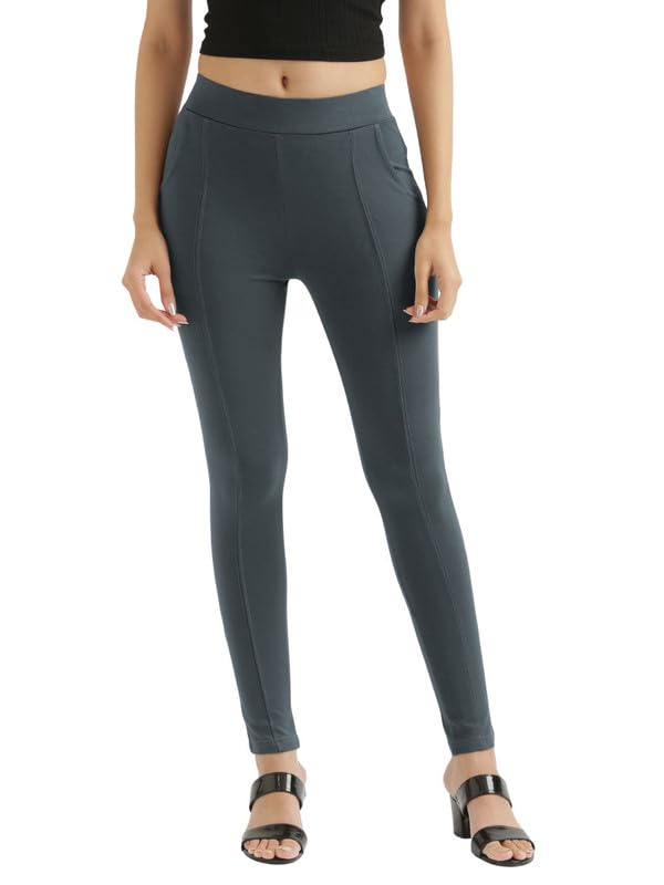Image of SAADAA Women's Regular Fit High Rise 4-Way Stretchable Pants Yoga, Formal, and Regular Skinny High Waist Leggings 2 Deep Pockets Elastic Waistband Durable Interlock Stitching