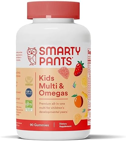 SmartyPants Kids Multivitamin Gummies: Omega 3 Fish Oil (EPA/DHA), Vitamin D3, C, Vitamin B12, B6, A, K & Zinc for Immune Support, Biotin, Gluten Free, Three Fruit Flavors, 90 Count (22 Day Supply)