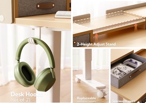 Image of Claiks Standing Desk with Drawers & Wheels, 2 Height Shelf 63 inch Natural