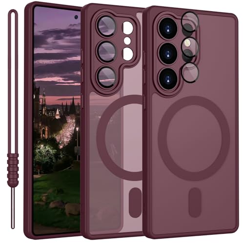 fur Samsung Galaxy S22 Ultra Hulle kompatibel mit MagSafe Handyhulle fur Samsung Galaxy S22 Ultra Magnetisch Matte Touch Kameraschutz rutschfest Kratzfest Schutz Stoßfest Hulle Dunkel Rot