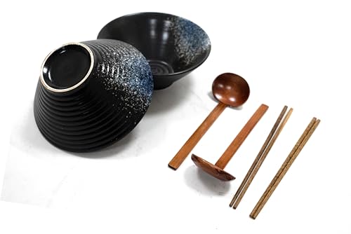 Stoneware Ramen Bowl Set of 2-1000ml with Wooden Chopsticks & Spoons | Japanese Noodles Bowl for Soup Salad Pho Cereal Pasta-Microwave & Dishwasher Safe-Gift Collection | M&W (Black & Blue)