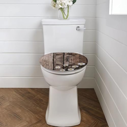 Luarisgur Daisy Toilet Seat Covers for Bathroom Decoration Wood Print Toilet Bolt Covers Decorative Round Elongated Toilet Lid Covers Washable Toilet Lid Seat Protector Cover with Elastic Bottom