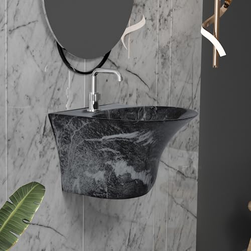 Image of REMANENCE Luxury Wall Mount Half Pedestal Wash Basin for Bathroom | Designer Wall Hung Basin | Wall Mounted Washbasin for Resturent, Hotels (16 x 16 x 11 Inch) (Black White Jelly)