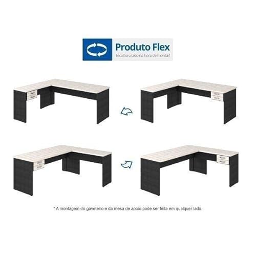 Mesa de Escritório em L 1,60x1,60m com 2 Gavetas Work30 Compace Preto Onix