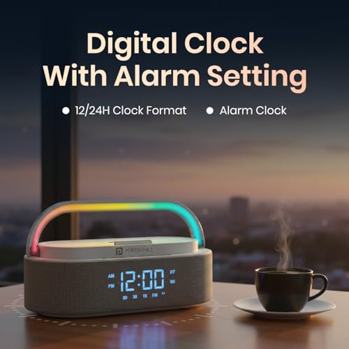 Image of Portronics String 16W HD Sound Bluetooth Speaker with 15W Wireless Charging, RGB LED Lights, Digital Clock with Alarm Setting, Built-in White Noise, USB /SD Card /AUX in, Type C Charging(White)
